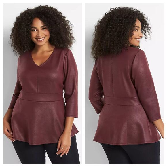 NWT Lane Bryant Coated Scuba Lena Top in Winetasting - Size 26/28 - Picture 1 of 9